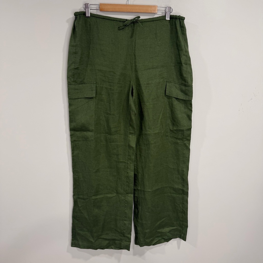 L* SPACE Women’s 100% Linen Adjustable Waist Wide Leg Green Pants Sz XL/TG NWOT